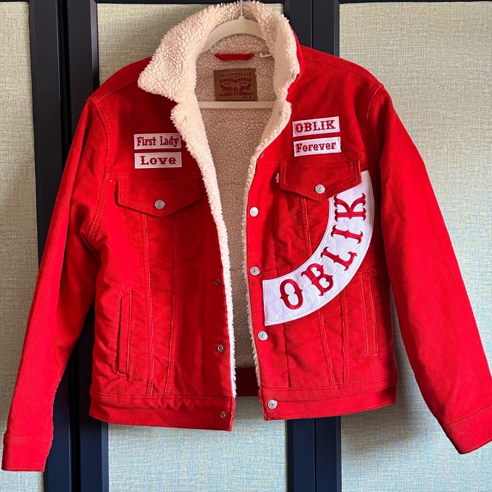 Levi’s Tomato Red Corduroy Patchwork Ex-Boyfriend Sherpa Trucker Jacket, Size S - Picture 2 of 6